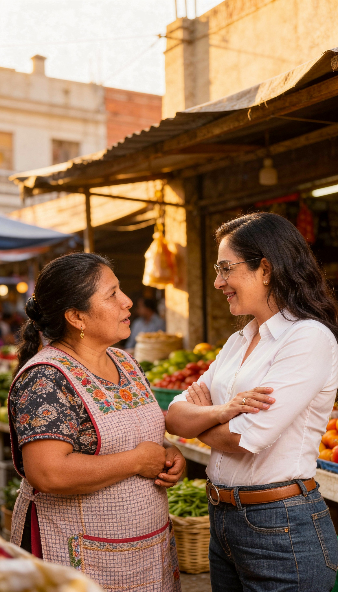 Dos mujeres conversan junto a un puesto de frutas y verduras en un mercado iluminado por luz cálida.
