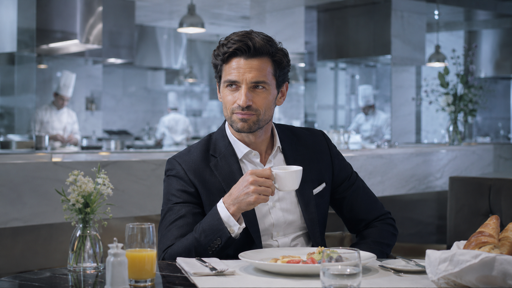 Escena de la campaña de ECO360: un hombre toma café en un entorno gastronómico.